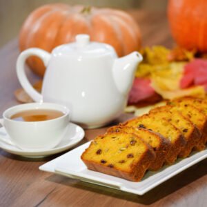 Baked Pumpkin Spice Harvest Loaf and a cup of tea